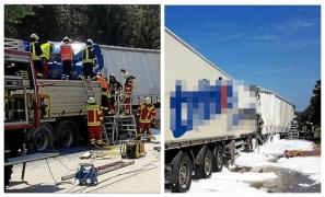 Șofer român de TIR, rămas încarcerat în cabină după un impact violent pe o autostradă din Germania. Imagini dramatice