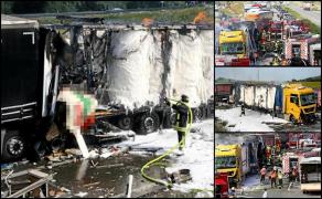 Imagini de groază pe o autostradă, după un carambol cu patru TIR-uri. Un șofer a murit, strivit în cabină