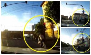 Biciclist filmat cum sfidează moartea de 3 ori într-un singur minut, la Timişoara (Video)