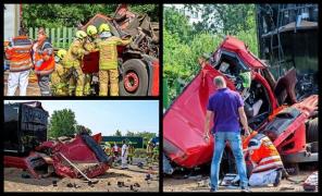 Imagini cutremurătoare pe o autostradă din Germania. Un şofer de camion a stat jumate de oră încarcerat, cu capul în jos, în cabină, după un accident cu trei TIR-uri