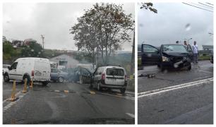 Accident grav la Cluj. Şoferul unui BMW intrat cu viteză prea mare în curbă, spulberând o maşină, pe contrasens