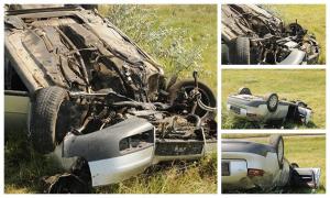 Un Audi A6 a zburat de pe şosea şi s-a rostogolit pe câmp