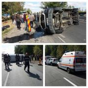 Primele imagini de la accidentul din Brăila. Un microbuz cu pasageri s-a izbit de un parapet şi s-a răsturnat pe şosea