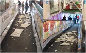 La un pas de tragedie într-un mall din București! Plăci mari de marmură s-au desprins de pe un stâlp și au căzut pe scările rulante