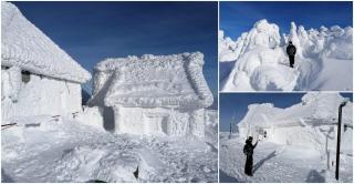 Imagini spectaculoase pe vârful Vlădeasa. Staţia meteo a îngheţat complet, oamenii spun că nu au mai văzut atâta zăpadă (Video)