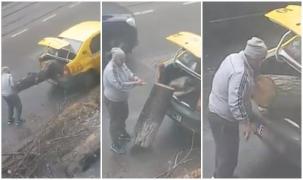 Taximetrist din Bucuresti, filmat in timp ce incarca bustenii taiati din cauza poleiului