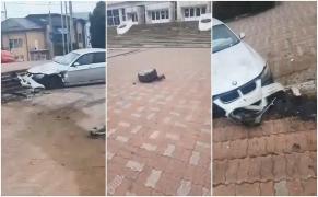 "Aterizare forţată" a unui BMW pe scările Sălii Sporturilor din Târgovişte, daună totală (Video)