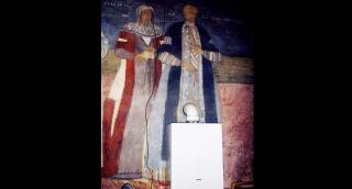 Centrală cu burlan de evacuare, pe pictura de 197 de ani a Bisericii "Sfântul Nicolae și Sfântul Andrei" din Târgu Jiu