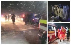 Microbuz cu pasageri, răsturnat la Braşov, pe un viscol puternic. 9 victime, mai multe echipaje intervin (Video)