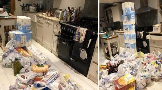 Sacoşile cu mâncare şi sulurile de hârtie igienică luate de bărbat