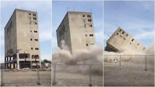 Explozie spectaculoasă în Bihor. A fost pusă la pământ cea mai înaltă clădire din Oșorhei (Video)