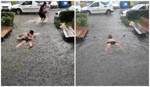 Înot în faţa blocului, la Piteşti