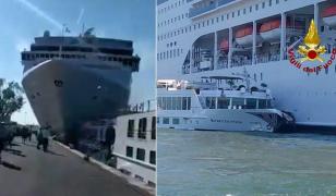 Momentul în care o uriaşă navă de croazieră striveşte o altă navă, în Veneţia