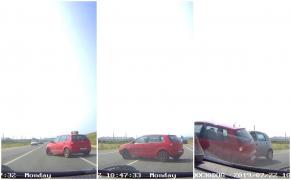 Şoferiţă filmată cum virează brusc stânga, pe linie continuă, spulberată instant de o maşină (Video)