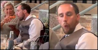 Mire beat criță la nuntă, filmat în timp ce este hrănit de soacră