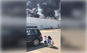 O tânără şi un băieţel privesc ca la spectacol incendiul devastator din Băneasa, ignorând mesajul Ro-Alert: "E mare focul, Tudor?"