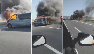 Microbuz în flăcări pe Autostrada A1, lângă Sebeş (Video)