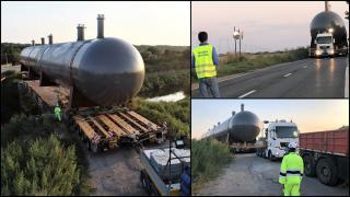 Cel mai mare transport agabaritic făcut vreodată în România. Rezervor uriaş, transportat spre Dunăre