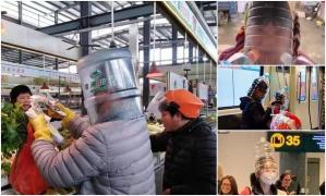 Măşti din bidoane, folosite de chinezi
