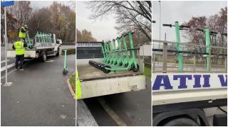 Reprezentanţii primăriei ridică trotinetele electrice amplasate neregulamentar pe spaţiul public, în Cluj-Napoca