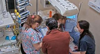 Medicii și asistentele de la Marie Curie îl îngrijesc pe nou-născutul găsit abandonat într-o pungă