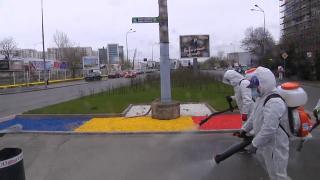 Muncitori de la municipalitate dezinfectează o stradă din București