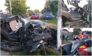 Accident mortal în Teleorman, mașina aproape dezintegrată după impactul frontal cu un stâlp de beton