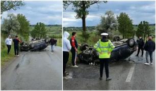 Copilă de 14 ani la spital, după ce tatăl ei s-a răsturnat cu mașina pe drum drept, după o depășire ratată (Video)