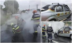 Un Logan a luat foc în mers, la Dobrosloveni. Mașina s-a făcut scrum, a ars în proporție de 90 la sută