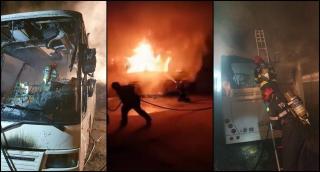 Autobuze incendiate într-o autogară din Târgovişte. Focul a fost pus intenționat (Video)