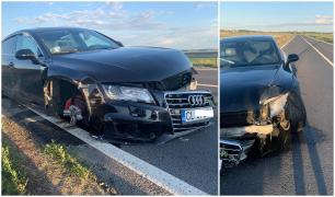 Şoferul unui Audi s-a oprit din goană abia când i-a sărit o roată şi a intrat în parapet, la Călăraşi