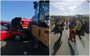 Mașina unei familii cu doi copii din Harghita, făcută zob într-un utilaj de peste 18 tone