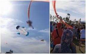 Fetiță de trei ani luată pe sus de un zmeu uriaş, la un festival