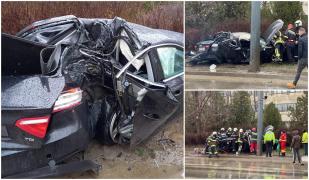 Audi făcut praf la ieşire din Vaslui. Şoferul a pierdut controlul volanului şi a intrat cu bolidul într-un stâlp