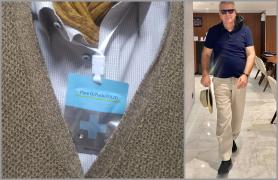 Colaj cu Florentin Pandele purtând masca de protecţie anti-covid atârnată de ureche şi medalionul Pure O2