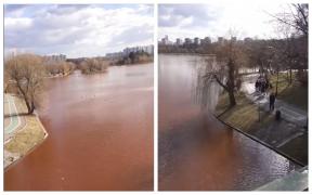 Apa lacului IOR din Capitală s-a colorat în roșu