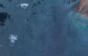 O imagine de satelit arată navele blocate la intrarea  sudică a Canalului Suez