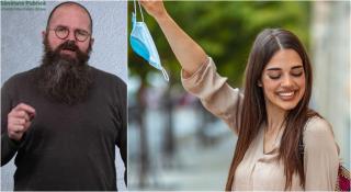 Colaj cu expertul în sănătate publică Răzvan Cherecheş şi o fată care zâmbeşte de bucurie că renunţă la masca de protecţie