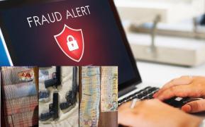 Colaj cu descoperirile poliţiştilor sute de cartele prepay, zeci de carduri bancare şi 4 pistoale neletale, pe un fundal cu alerta de fraudă