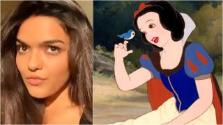 Colaj cu Rachel Zegler şi o imagine din filmul original Albă ca zăpada