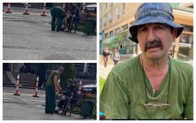 Gest emoţionant făcut de un angajat care curăță fântânile arteziene din Iași. Gelu şi-a dat încălţările şi ultimii bănuţi unui bătrân pe care l-a văzut desculţ pe o bancă