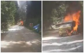 O mașină care participa la Raliul Sibiului a luat foc. Echipajul s-a salvat din mașina cuprinsă de flăcări