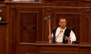 Un senator PSD a lăsat mască pe toată lumea: a intrat în Parlament cu o sapă şi a ţinut un discurs ironic la adresa preşedintelui Iohannis - VIDEO