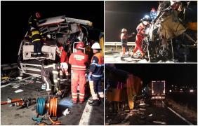 Două TIR-uri s-au făcut praf, după un impact frontal devastator la Nădlac. Șoferii au rămas blocați în cabinele distruse