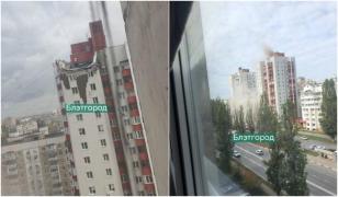 Bloc lovit de resturile unei rachete doborâte de sistemul de apărare aeriană, în Belgorod. Ucrainenii neagă atacul și susțin că racheta urma să lovească Harkovul