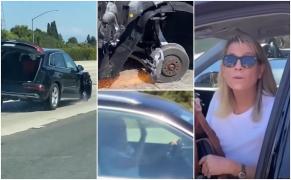Audi Q5 cu o roată lipsă, filmat cum rulează cu 130 km/oră, pe o autostradă din SUA. Femeia de la volan le făcea cu mâna celorlalți șoferi