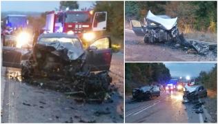 Colaj cu trei fotografii care surprind imagini de la locul accidentului cu români din Bulgaria