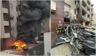 Incendiu sau mână criminală: Mercedes făcut scrum, în Cartierul Francez. Focul s-a extins şi la faţada unei clădiri