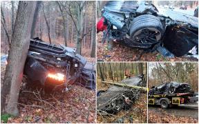 Noul supercar Audi RS e-tron GT, făcut praf în timpul unui drive test. Bolidul a rupt un copac și s-a răsturnat într-o pădure din Polonia