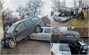 Două maşini marca Volkswagen au ajuns una peste alta, după o depăşire periculoasă, la Polovragi. Trei oameni au văzut moartea cu ochii